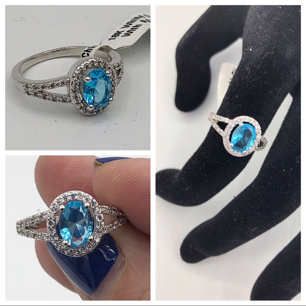 NEW STUNNING WHITE GOLD  BLUE TOPAZ RING
